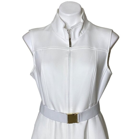 Tommy Hilfiger Ivory Scuba Sheath Dress, NWT $119 Front Zip Belt Women's Size 12 - Picture 3 of 12